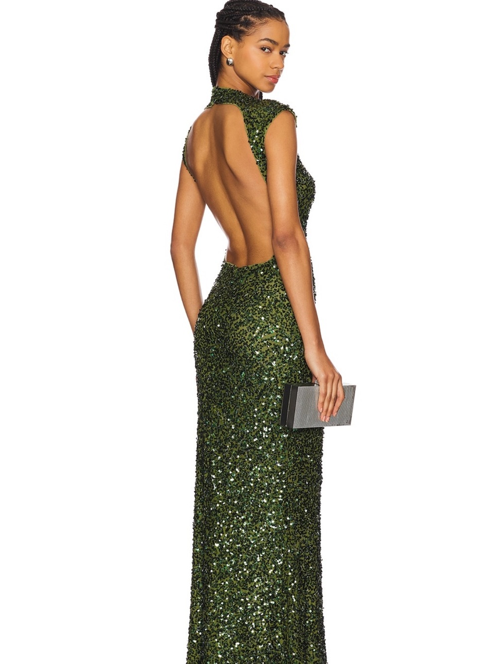 Open-Back Sequin Evening Gown in Emerald Green